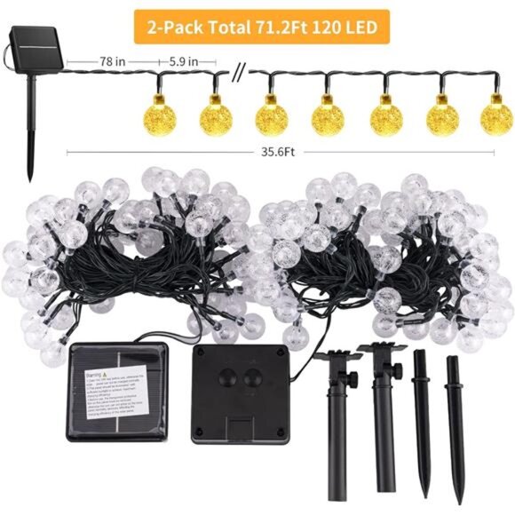 2-Pack 120 LED 72FT Solar Lights Outdoor Waterproof, Crystal Globe Lights - Picture 6 of 7